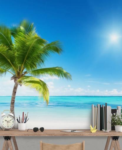 blauw-witte op maat gemaakte strandbehangmuurschildering genaamd Palm and Sea voor thuis of op kantoor blauw-witte op maat gemaakte strandbehangmuurschildering genaamd Palm and Sea voor thuis of op kantoor