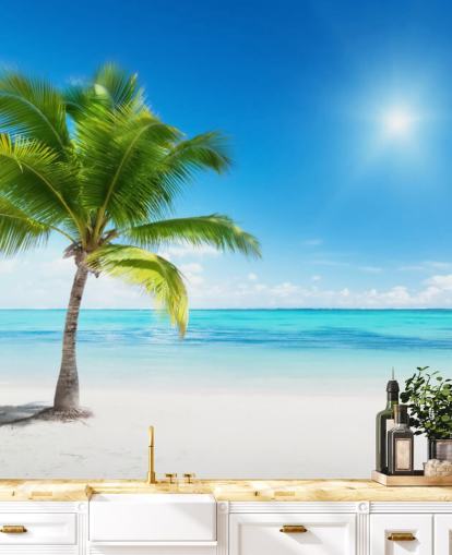 carta da parati murale personalizzata da spiaggia blu e bianca chiamata Palm and Sea per casa o ufficio carta da parati murale personalizzata da spiaggia blu e bianca chiamata Palm and Sea per casa o ufficio