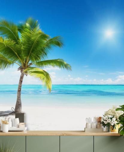blauw-witte op maat gemaakte strandbehangmuurschildering genaamd Palm and Sea voor thuis of op kantoor blauw-witte op maat gemaakte strandbehangmuurschildering genaamd Palm and Sea voor thuis of op kantoor
