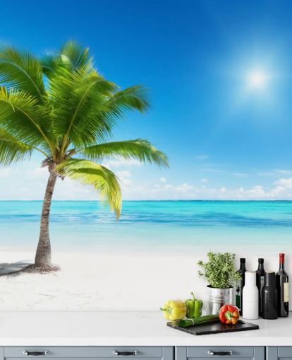 papier peint de plage personnalisé bleu et blanc appelé Palm and Sea pour la maison ou le bureau 