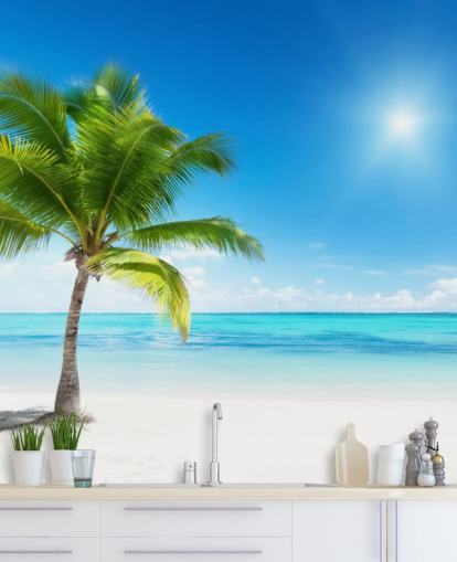blauw-witte op maat gemaakte strandbehangmuurschildering genaamd Palm and Sea voor thuis of op kantoor 