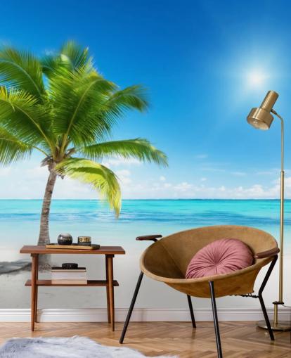 sinivalkoinen mukautettu rantatapetti seinämaalaus nimeltä Palm and Sea kotiin tai toimistoon 