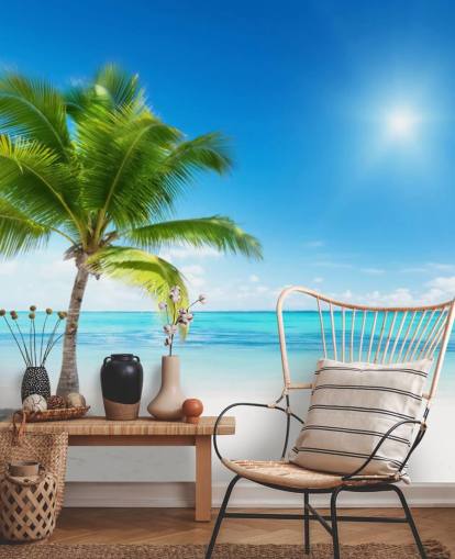 blue and white custom beach wallpaper mural called Palm and Sea for home or office 
