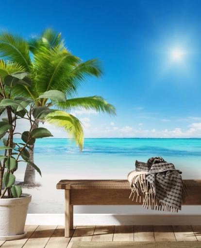 blauw-witte op maat gemaakte strandbehangmuurschildering genaamd Palm and Sea voor thuis of op kantoor 