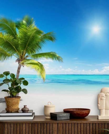 blå og hvid brugerdefineret strand tapet vægmaleri kaldet Palm and Sea til hjemmet eller kontoret 