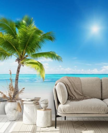 sinivalkoinen mukautettu rantatapetti seinämaalaus nimeltä Palm and Sea kotiin tai toimistoon 