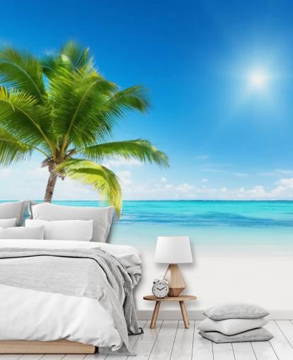 mural de papel pintado de playa personalizado azul y blanco llamado Palm and Sea para el hogar o la oficina 