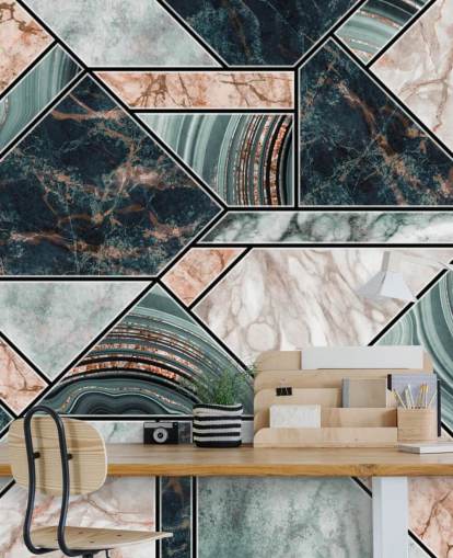 papel pintado de azulejos art deco rosa pálido, gris y negro