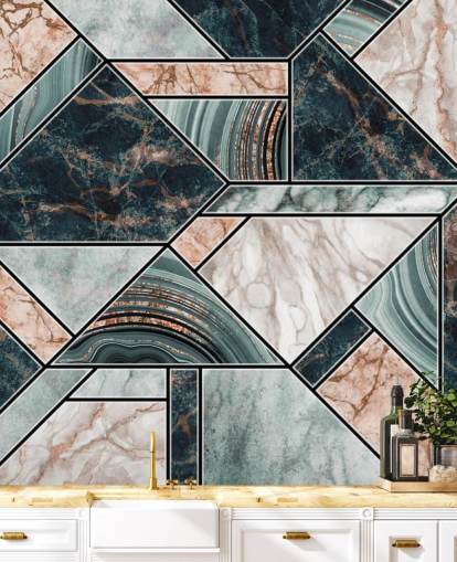 papel pintado de azulejos art deco rosa pálido, gris y negro