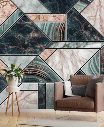 Rose Gold and Navy Tiles Art Deco Wallpaper
