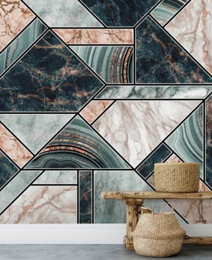 papel de parede de azulejo art deco rosa pálido, cinza e preto