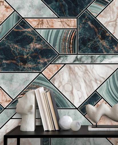 lichtroze, grijs en zwart art deco tegelbehang