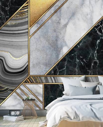 mármore branco e preto com papel de parede art déco geométrico dourado