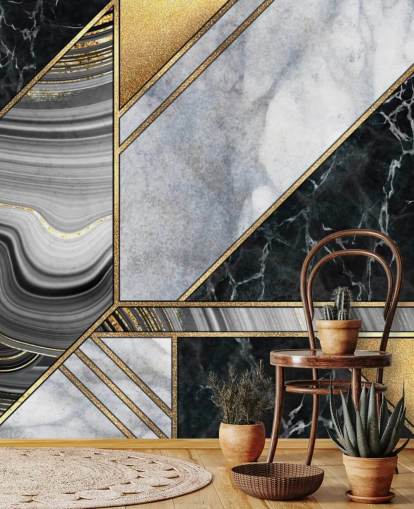 mármore branco e preto com papel de parede art déco geométrico dourado