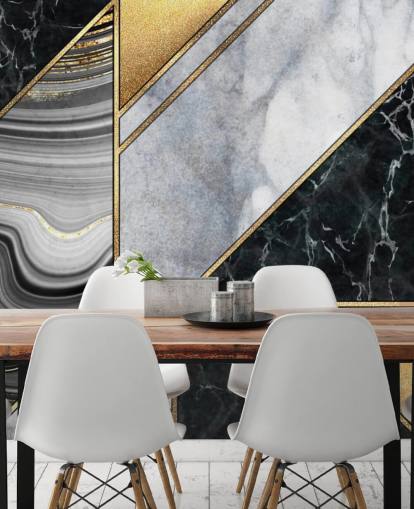 papel pintado art deco geométrico de mármol blanco y negro con dorado