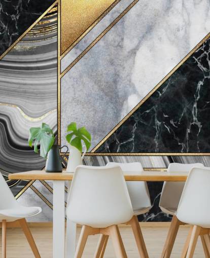 hvit og svart marmor med gull geometrisk art deco tapet