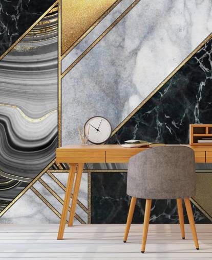 mármore branco e preto com papel de parede art déco geométrico dourado