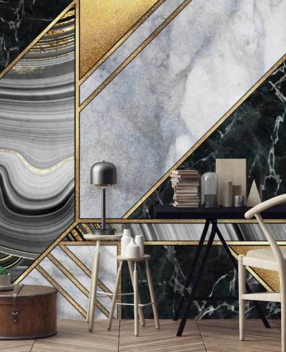 wit en zwart marmer met goudkleurig geometrisch art deco-behang