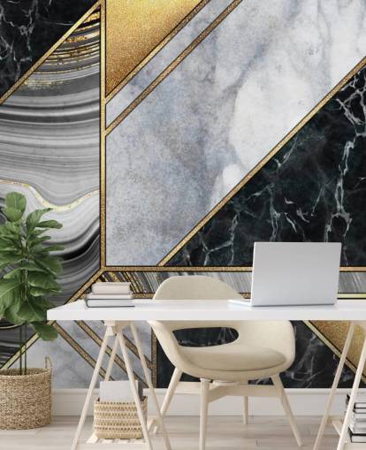wit en zwart marmer met goudkleurig geometrisch art deco-behang wit en zwart marmer met goudkleurig geometrisch art deco-behang