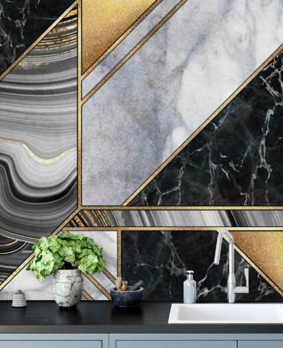 marmo bianco e nero con carta da parati art deco geometrica dorata
