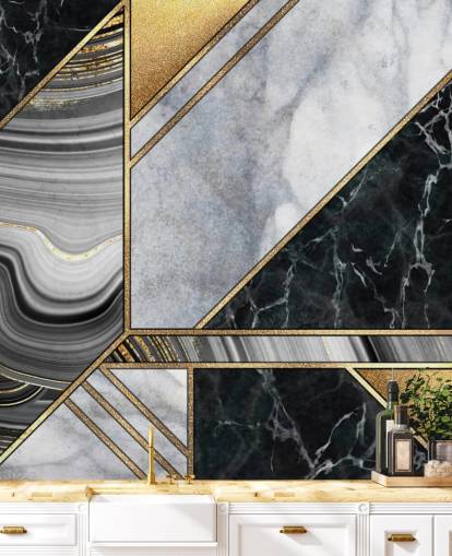 white and black marble with gold geometric art deco wallpaper
