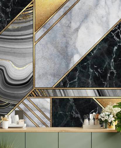 papel pintado art deco geométrico de mármol blanco y negro con dorado