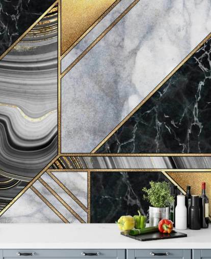 white and black marble with gold geometric art deco wallpaper
