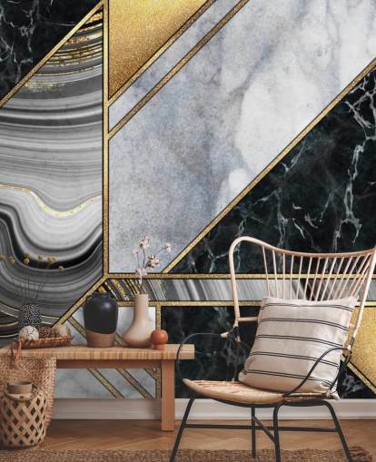 white and black marble with gold geometric art deco wallpaper