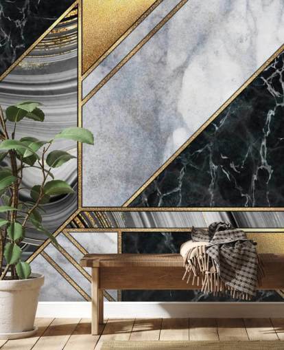 papel pintado art deco geométrico de mármol blanco y negro con dorado