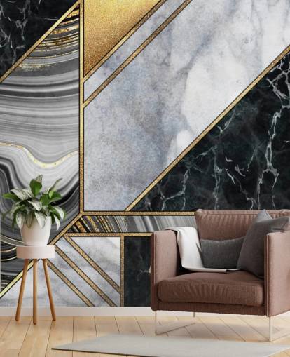 papel pintado art deco geométrico de mármol blanco y negro con dorado