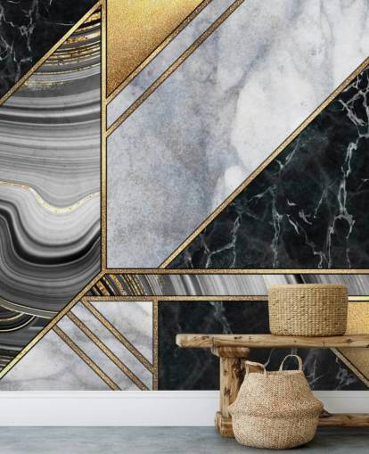 papel pintado art deco geométrico de mármol blanco y negro con dorado