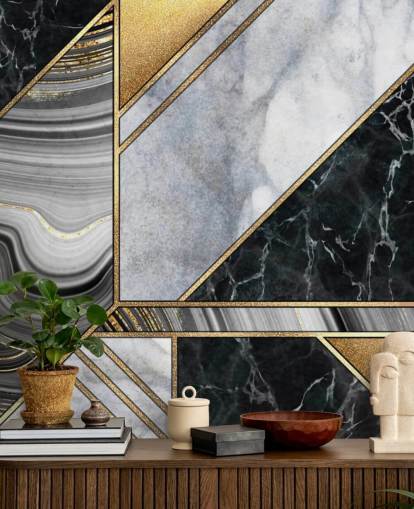 hvid og sort marmor med guld geometrisk art deco tapet