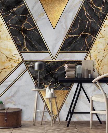 hvid og sort marmor og guld art deco geometrisk tapet