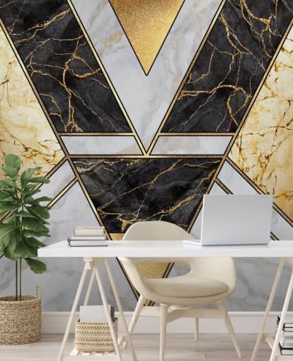 hvid og sort marmor og guld art deco geometrisk tapet