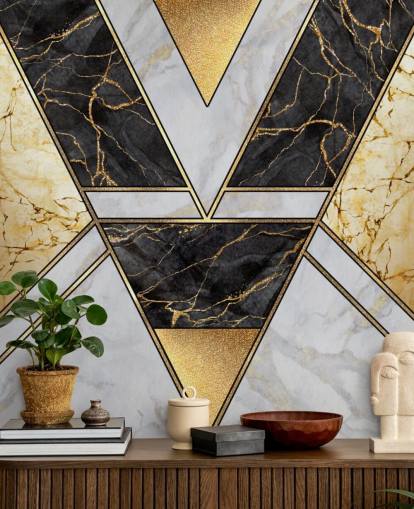 wit en zwart marmer en goud art deco geometrisch behang