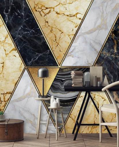 papel pintado art deco de mármol dorado, negro y blanco