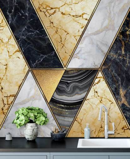 gold, black and white marble art deco wallpaper