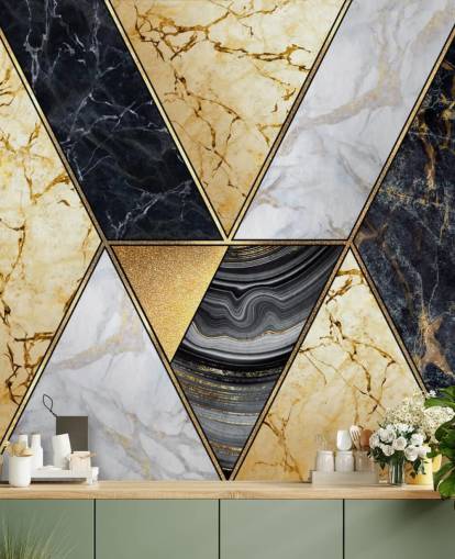 goud, zwart en wit marmer art deco behang