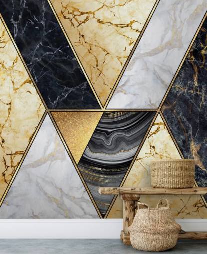 papel pintado art deco de mármol dorado, negro y blanco