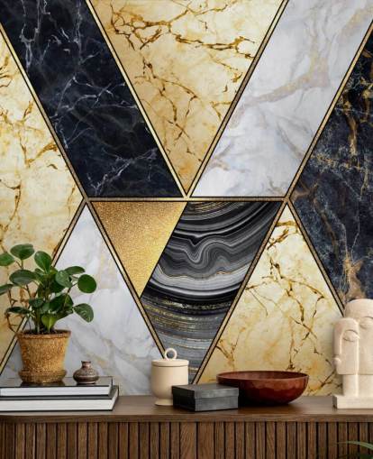 papel de parede art deco em mármore dourado, preto e branco