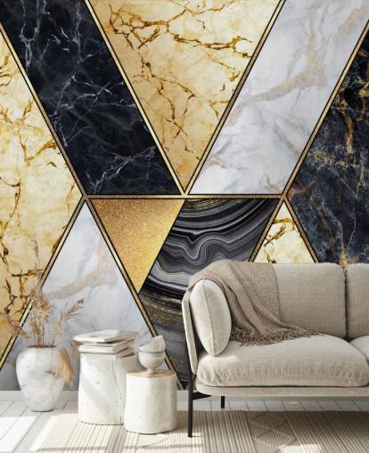 gull, svart og hvit marmor art deco tapet