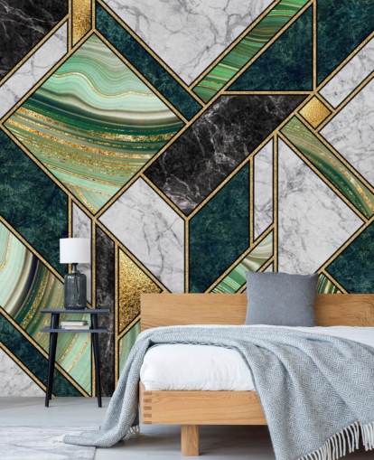 art deco vihreä ja harmaa marmori ja kulta geometrinen tapetti