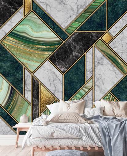 art deco green and grey marble and gold geometric wallpaper