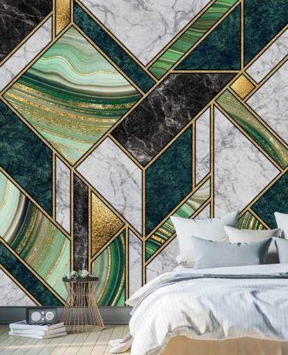 art deco green and grey marble and gold geometric wallpaper