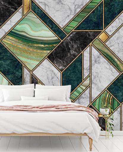 papel pintado geométrico art deco de mármol verde y gris y dorado