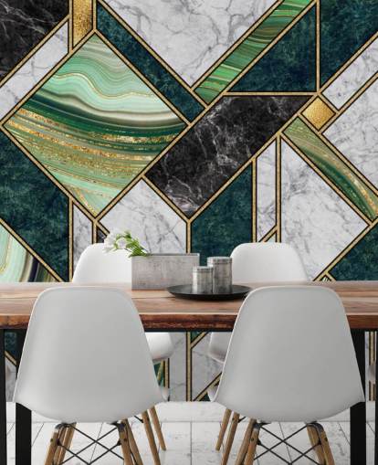 art deco green and grey marble and gold geometric wallpaper