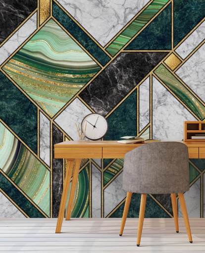 art deco groen en grijs marmer en goud geometrisch behang