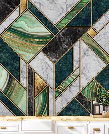 carta da parati geometrica art deco marmo verde e grigio e oro