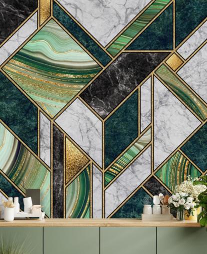 art deco vihreä ja harmaa marmori ja kulta geometrinen tapetti