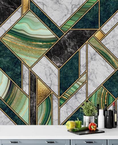 art deco vihreä ja harmaa marmori ja kulta geometrinen tapetti